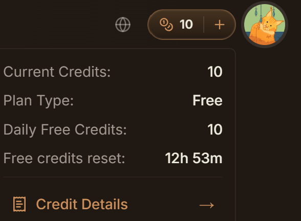 you can see credits detail below your profile avatar