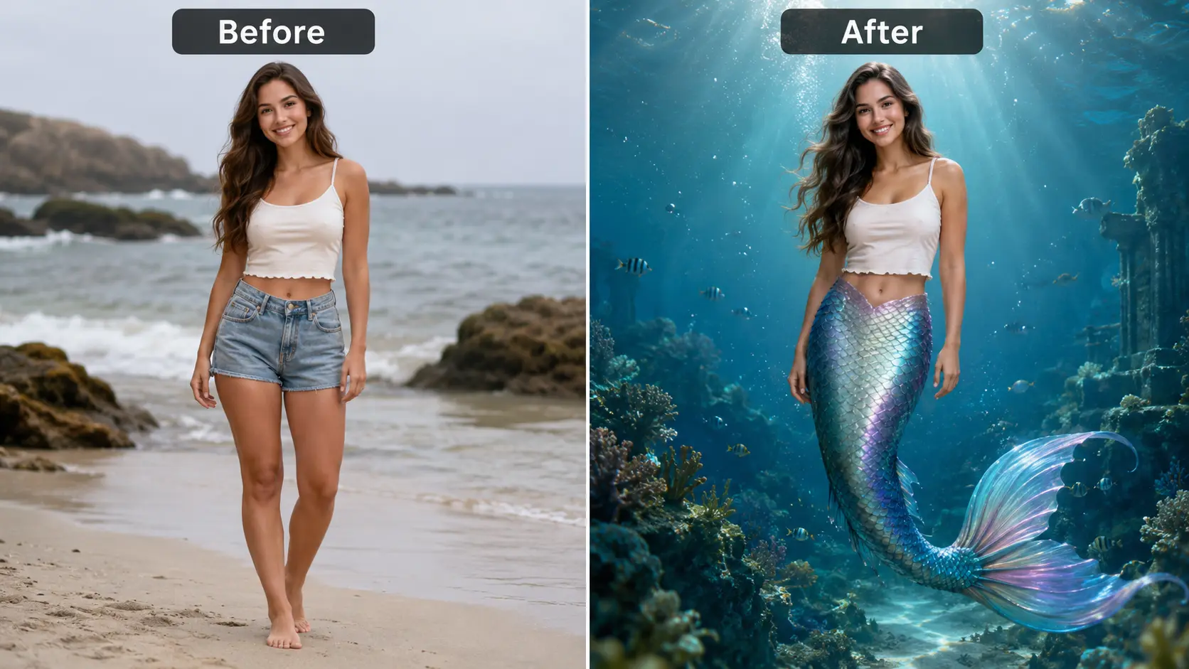 AI mermaid transformation before and after example