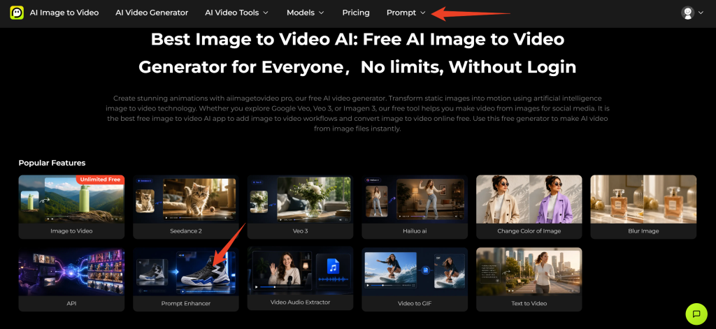 find the entrance of prompt guide blogs on AI Image to Video's top navigation bar and homepage