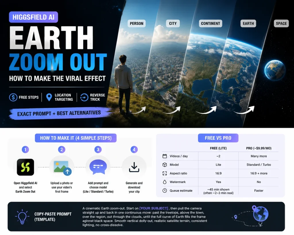 Como criar um vídeo com zoom out da Terra no Higgsfield AI?